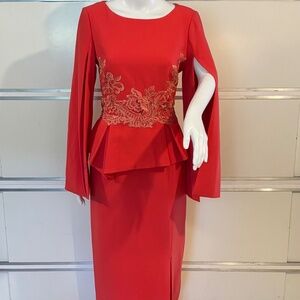 Theia Long Gown Peplum with Embroidered Waist Coral Color Sz 6